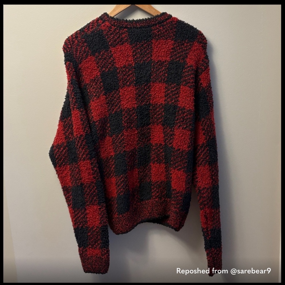 SKIMS Red and Black Plaid Crew Neck Sweater